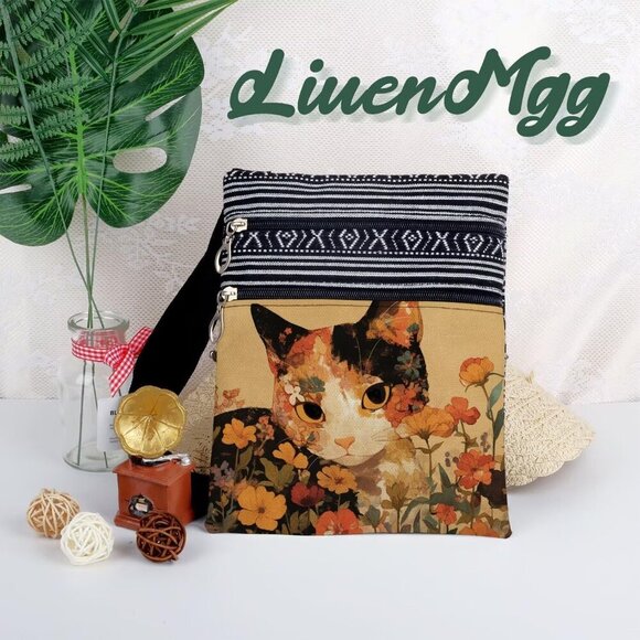 Floral Cat Crossbody Bag Small Ethnic Pattern Adjustable Strap Zipper Bag - Picture 5 of 7